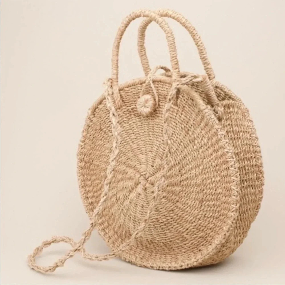 Beachy Boho Natural Woven Round Straw Satchel Crossbody Bag